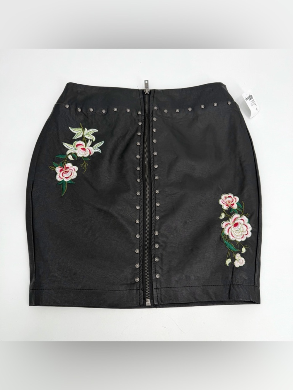 Charlotte Russe Skirt Women’s S Black Faux Leather Mini Floral Embroidery Zipper